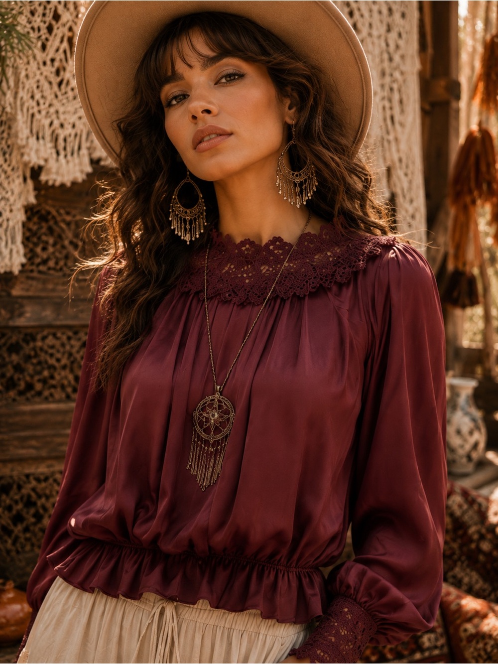 Zara Women's Lace-Yoke Blouson Dress in Deep Burgundy Boho Lagenlook